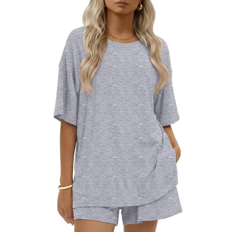 エコアー レディース アンダーウェア ナイトウェア コットン Ekouaer Womens Cotton Two Pieceshort Setsummer Short Sleeve Outfits Casual Matching Lounge Set Grey グレー｜ReVida 店