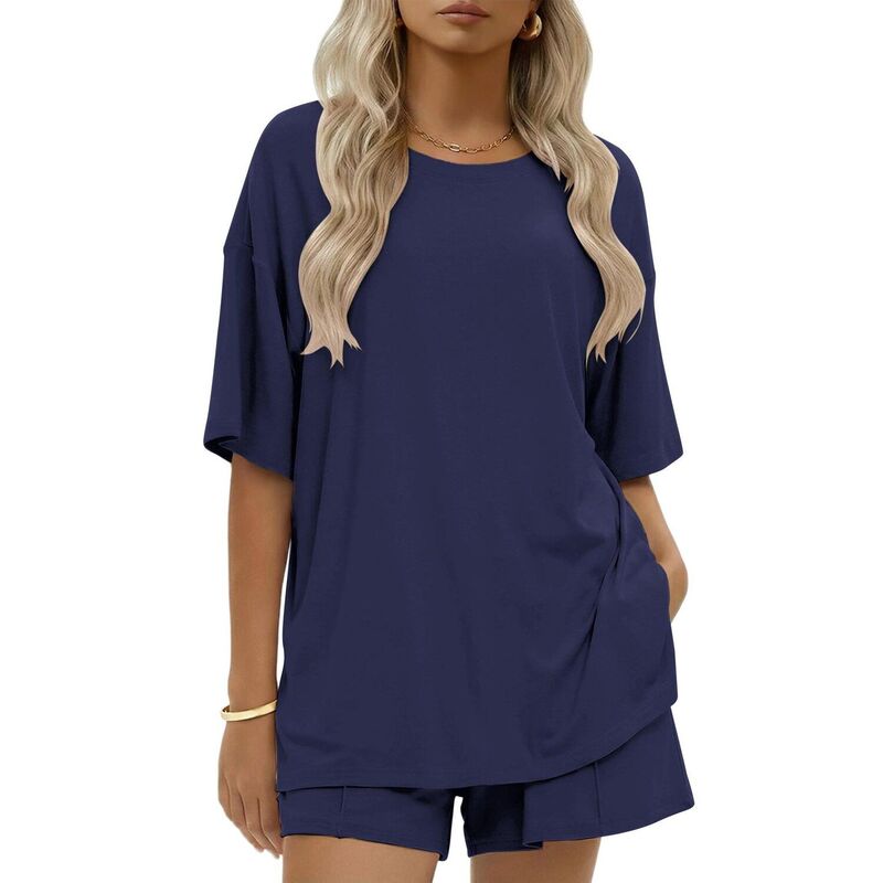 エコアー レディース アンダーウェア ナイトウェア コットン Ekouaer Womens Cotton Two Pieceshort Setsummer Short Sleeve Outfits Casual Matching Lounge Set Navy Blue ネイビー｜ReVida 店
