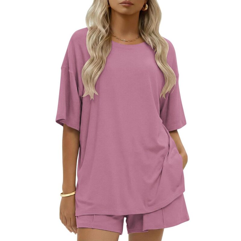 エコアー レディース アンダーウェア ナイトウェア コットン Ekouaer Womens Cotton Two Pieceshort Setsummer Short Sleeve Outfits Casual Matching Lounge Set Rose Red レッド｜ReVida 店