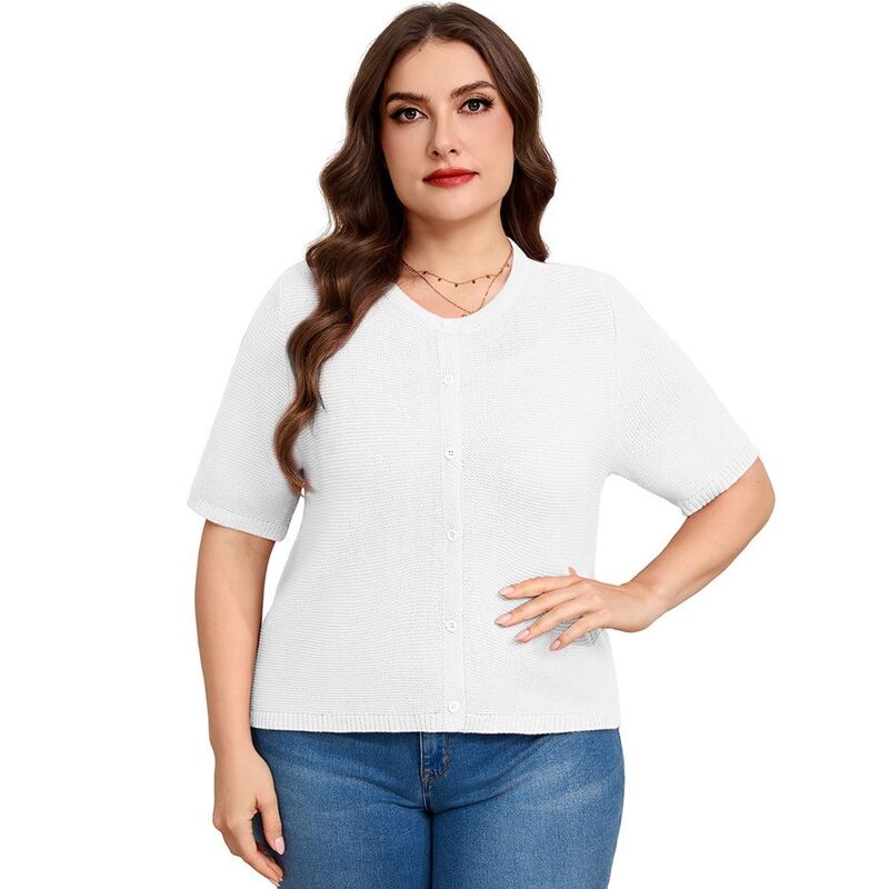 クリアフラワー レディース アウター ニット・セーター ボタンダウン クルーネック プラスサイズ カーディガン ダウン ClearFlower Plusize Women Short Sleeve Button Down Knit Cardigan Casual Crew Neck Lightweight Sweater Top White ホワイト｜ReVida 店
