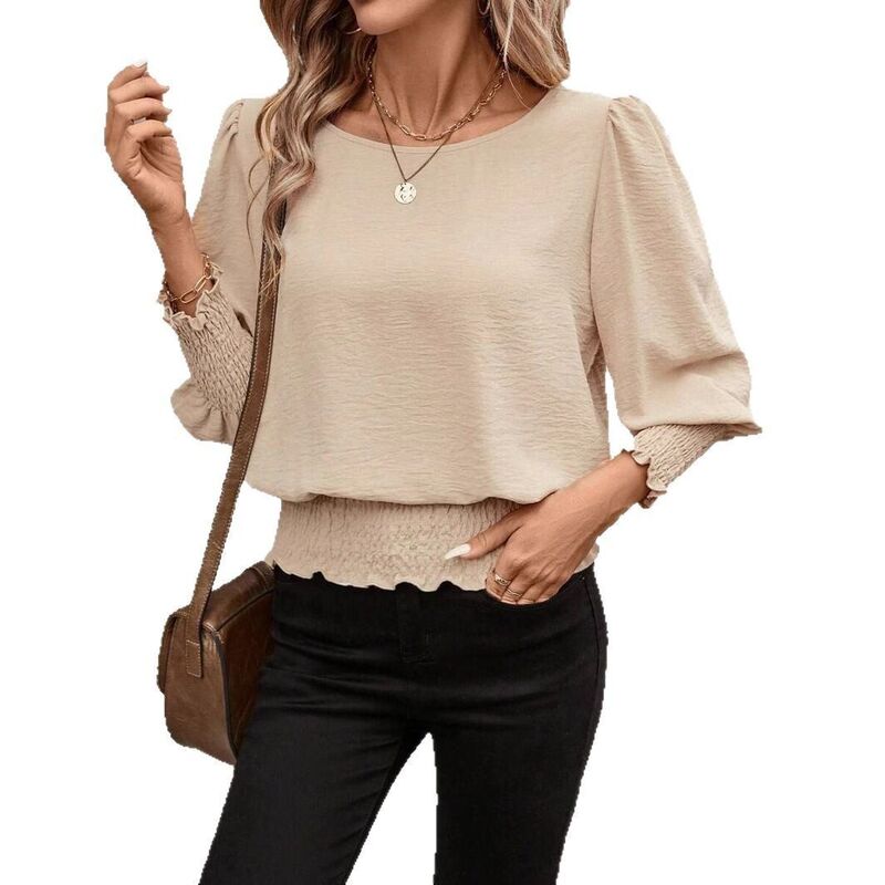 コジョイン レディース トップス Tシャツ リラックスフィット Kojooin Women's Relaxed Fit Solid Color Shirting Top with Textu red Shirting & Lantern Sleeves Khaki カーキ｜ReVida 店 9,346円