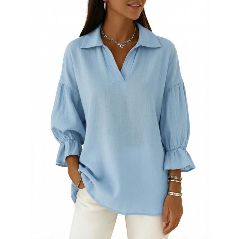 イエスファッション レディース トップス シャツ Vネック ブラウス Yesfashion Women's 3/4 Puff Sleeve V Neck Colla red Blouse Casualoose Fitunic Top Blue ブルー|ReVida 店