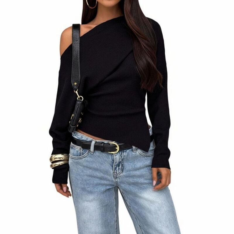 イエスファッション レディース トップス シャツ アシンメトリー オフショルダー ブラウス ニット Yesfashion Women's Asymmetrical Off-Shoulder Long Sleeve Top Irregular Hem Slim-Fit Knit Blouse Black ブラック|ReVida 店