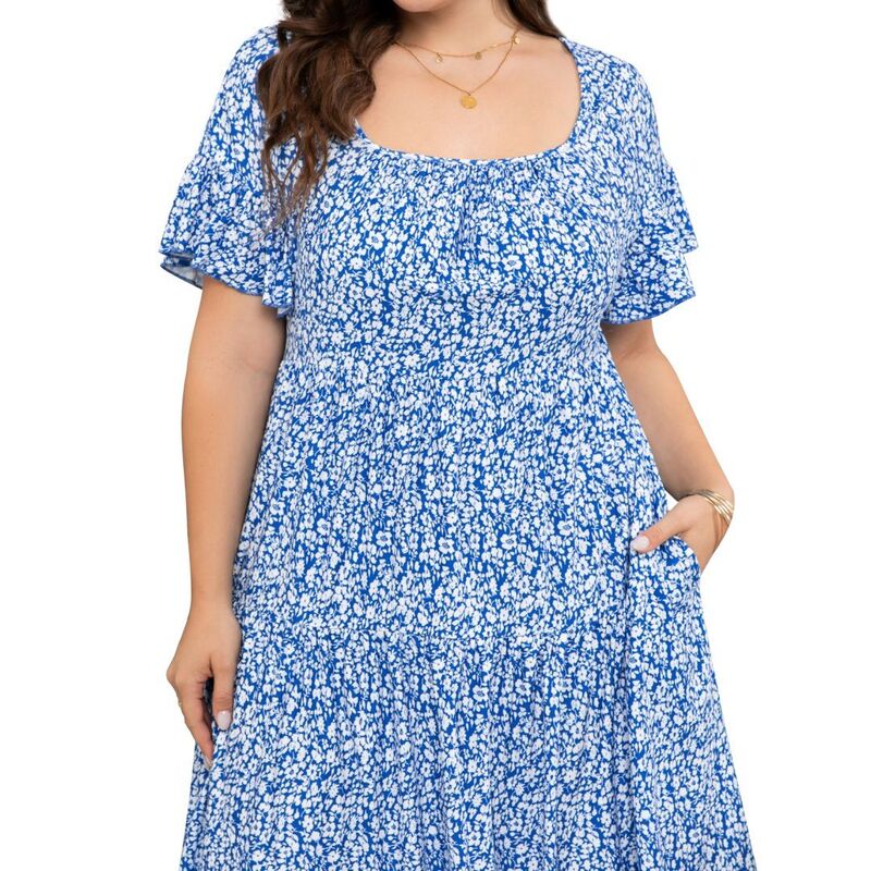エリートスピリット レディース トップス ワンピース プラスサイズ フリル EliteSpirit Plusize Women\'square Neck Dolman Ruffle Sleeve Dress with Pockets Blue Flower ブルー|ReVida 店