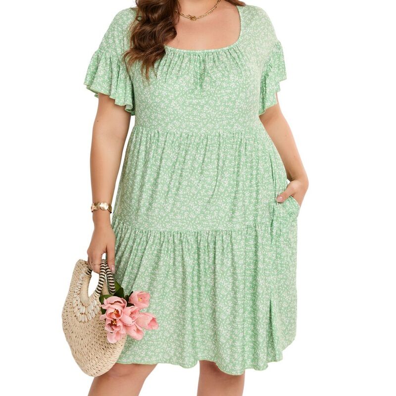 エリートスピリット レディース トップス ワンピース プラスサイズ フリル EliteSpirit Plusize Women\'square Neck Dolman Ruffle Sleeve Dress with Pockets Green グリーン|ReVida 店