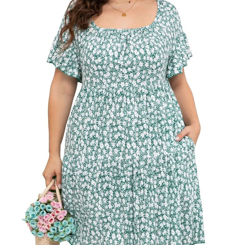 エリートスピリット レディース トップス ワンピース プラスサイズ フリル EliteSpirit Plusize Women\'square Neck Dolman Ruffle Sleeve Dress with Pockets Green Flower グリーン｜ReVida 店