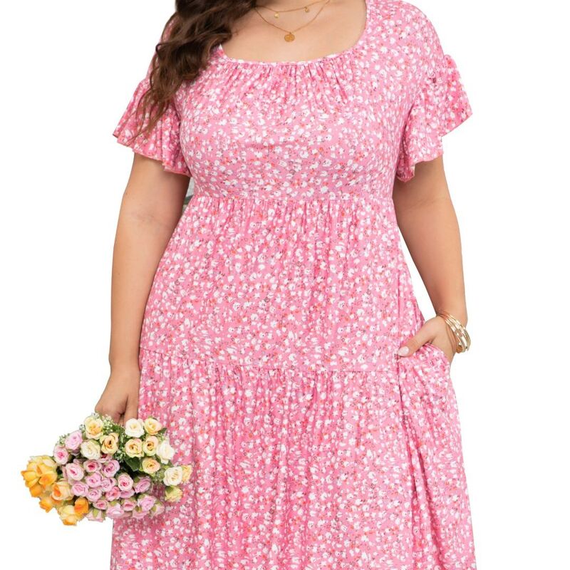 エリートスピリット レディース トップス ワンピース プラスサイズ フリル EliteSpirit Plusize Women\'square Neck Dolman Ruffle Sleeve Dress with Pockets Pink Flower ピンク｜ReVida 店