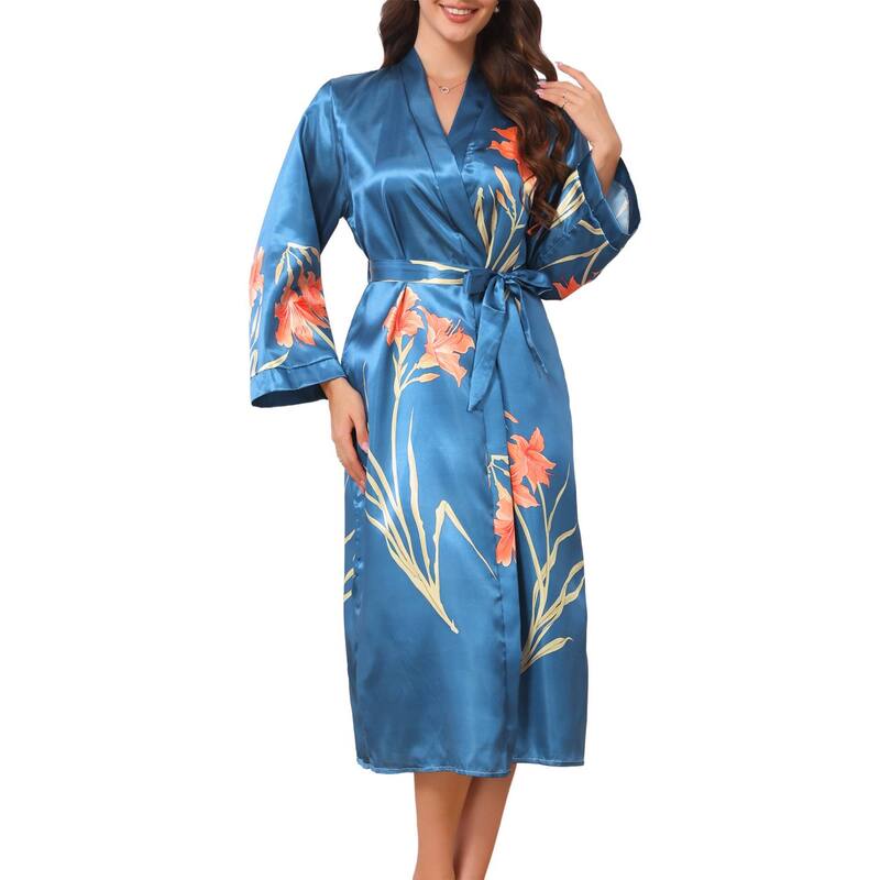 インスパイア シック レディース アンダーウェア ナイトウェア ミディ サテン シルク INSPIRE CHIC Women's Long Satin Robes Midi Silky Robes Long Sleeves Robesleepwear Loungewear Silky Bath Robe Blue Green ブルー｜ReVida 店