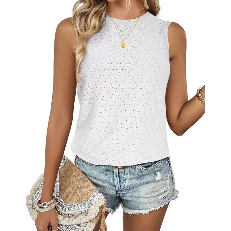 イエスファッション レディース トップス Tシャツ クルーネック ノースリーブ Yesfashion Women's T Shirt Eyelet Loose Casual Summer Tops Crew Neck Basic Sleevelesshirts Trendy White ホワイト|ReVida 店