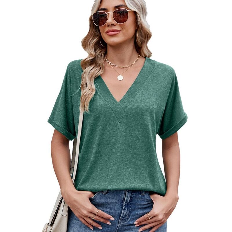 イエスファッション レディース トップス Tシャツ Vネック Yesfashion Women's V Neck Oversized T-Shirts Rolled Short Sleeve Casual Tops Loose Fitunic Teeshirts Green グリーン|ReVida 店
