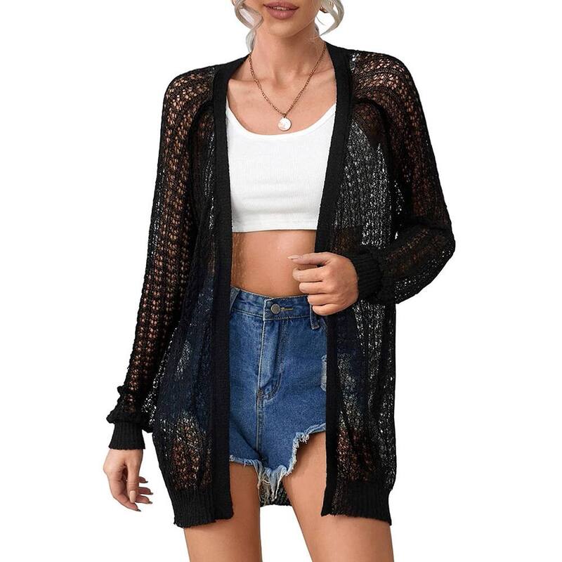 コジョイン レディース アウター ジャケット・ブルゾン カーディガン Kojooin Women Crochet Lightweight Cardigan Cover Up Open Front Long Sleeve Summer Cardigans Black ブラック｜ReVida 店