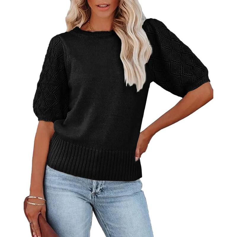 セオリア レディース トップス Tシャツ クルーネック ニット Seoria Women'short Sleeve Knitop Crew Neck Lightweight Crochet Pullover Summer Tees Black ブラック｜ReVida 店