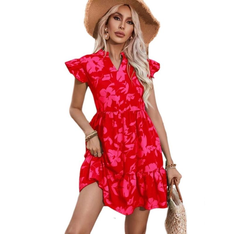 イエスファッション レディース トップス ワンピース Vネック ティアード フラワー柄 プリント フリル ミニ フラワー Yesfashion Womens Boho Floral Print Mini Dress V Neck Ruffle Sleeve Flowy Tieredress for Vacation Daily Party Red レッド｜ReVida 店