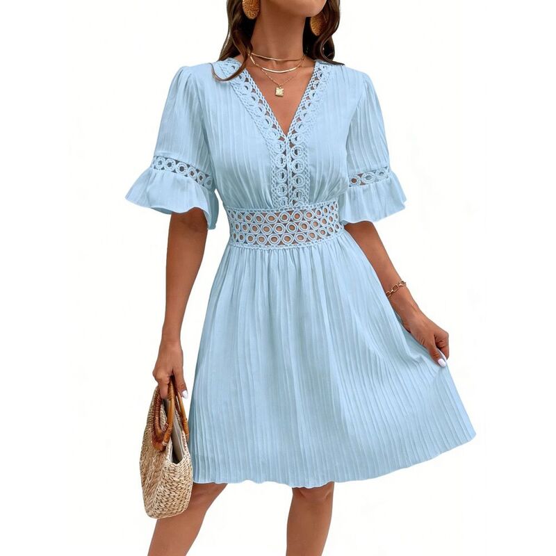 イエスファッション レディース トップス ワンピース Vネック レーストリム プリーツ フリル ミニ レース Yesfashion Womens Elegant Lace Trim Dress V Neck Short Ruffle Sleeve Crochet Waist Solid Pleated Mini Dress Light Blue ブルー｜ReVida 店