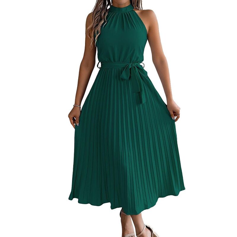 ジョイジョイ レディース トップス ワンピースリムフィット ミディ ノースリーブ JoyJoy Women Sleevelesstand Collar Midi Dresslim Fit with Waist Cinching Pleats Waistie Back Zipper Green グリーン｜ReVida 店