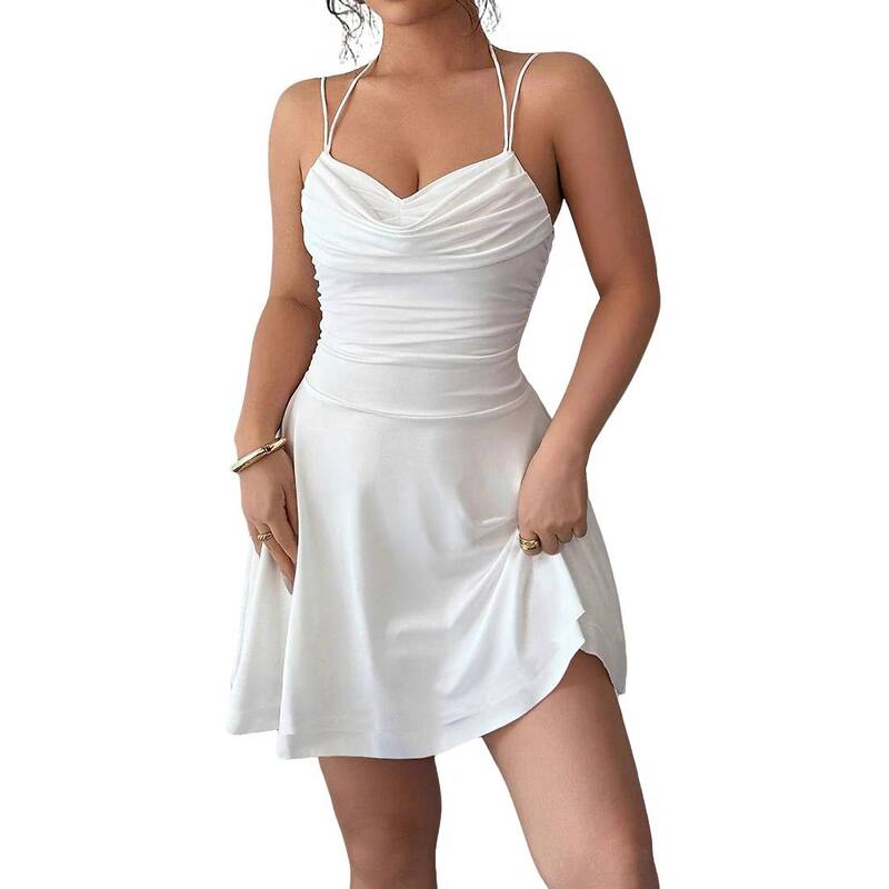 クリアフラワー レディース トップス ワンピース ギャザー ミニ スカート ClearFlower Women\'s Cowl Neck Spaghetti Strap Mini Dress with Ruched Waist Fla red Skirt White ホワイト｜ReVida 店