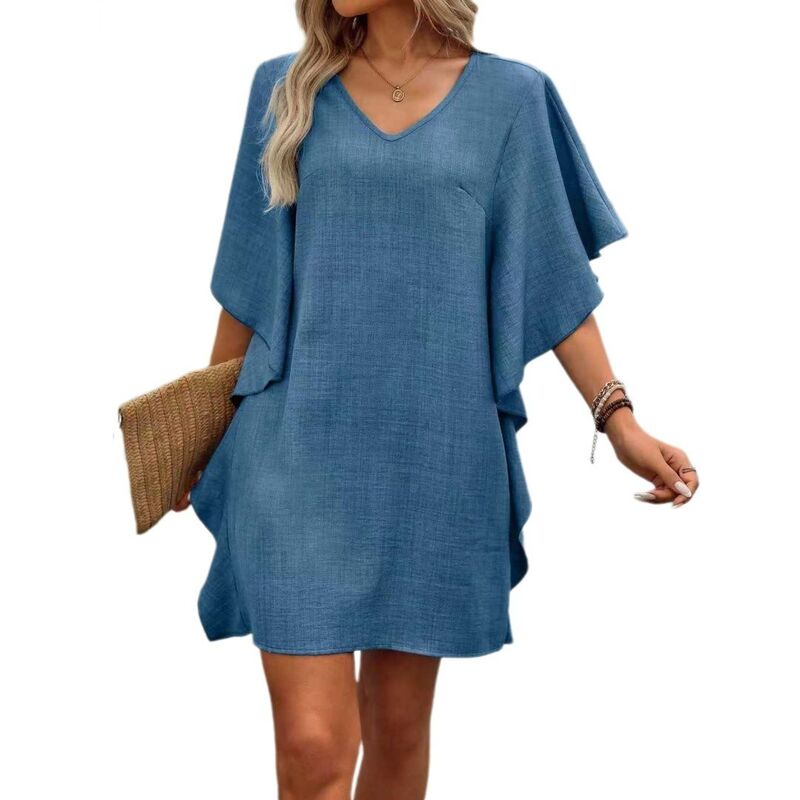 イエスファッション レディース トップス ワンピース Vネック フリル Yesfashion Women\'summer Dressesolid Color Loose Ruffled Flowy V-Neck Dress Blue ブルー｜ReVida 店