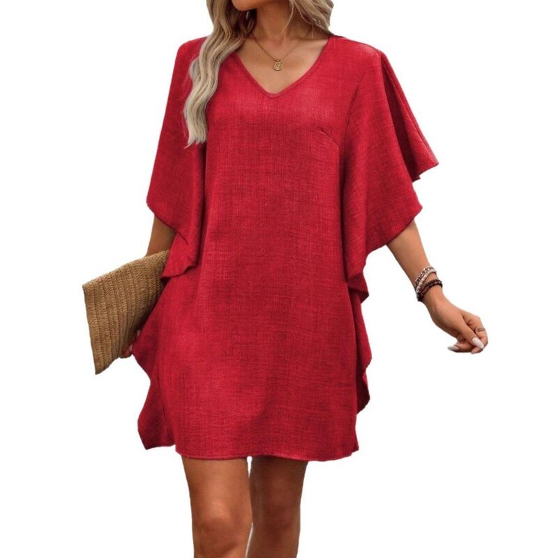 イエスファッション レディース トップス ワンピース Vネック フリル Yesfashion Women'summer Dressesolid Color Loose Ruffled Flowy V-Neck Dress Red レッド｜ReVida 店 8,736円