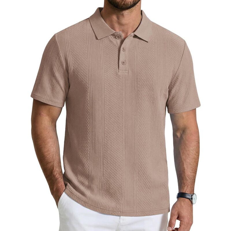 クーファンディ メンズ トップス Tシャツ ヴィンテージ ポロシャツ ニット COOFANDY Mens Knit Polo Shirtshort Sleeve Vintage Textu red Casual Button Polo Shirt Fashion Golf Khaki カーキ｜ReVida 店