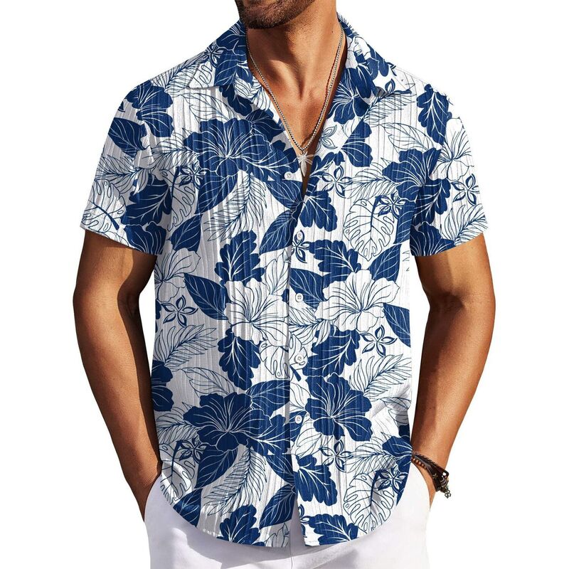 クーファンディ メンズ トップス Tシャツ ボタンダウン COOFANDY Men' Short Sleeve Summer Shirt Beach Shirts Casual Button Down Textu red Shirt White Blue Flower ホワイト｜ReVida 店 9,610円