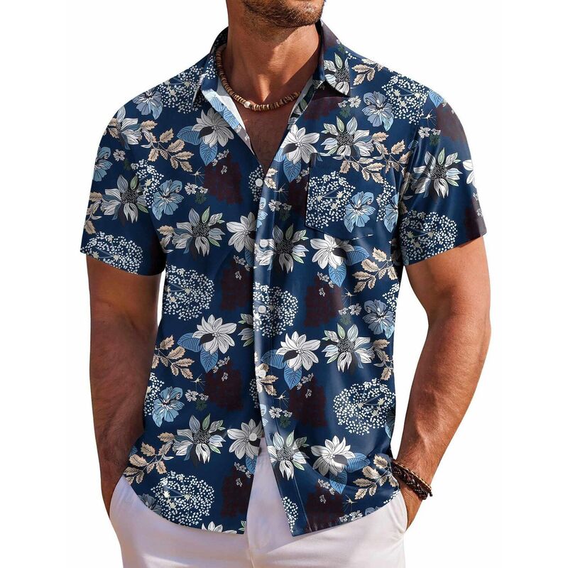 クーファンディ メンズ トップス Tシャツ ボタンダウン フラワー柄 ダウン フラワー COOFANDY Men' Hawaiian Shirt Short Sleeve Floral Button Down Shirts Tropical Holiday Beach Shirts Blue Flower ブルー｜ReVida 店