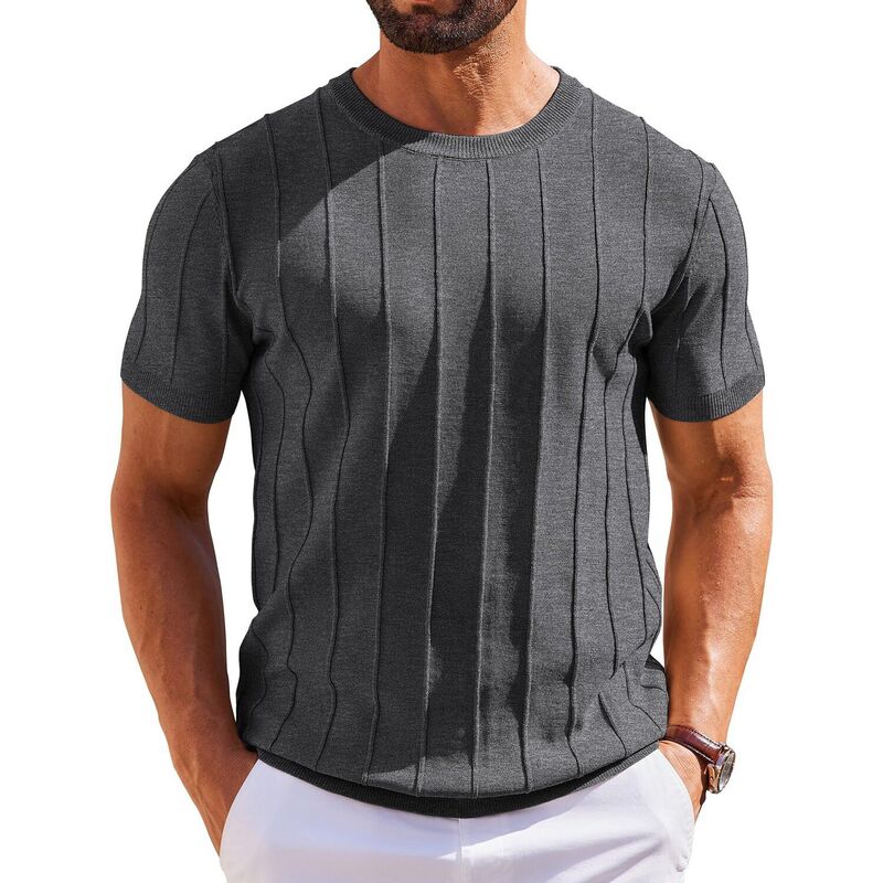 クーファンディ メンズ トップス Tシャツ スリムフィット クルーネック リブ セーター COOFANDY T Shirts for Men Summer Crew Neck Ribbed Sweater Shirtslim Fit Short Sleeve Dressy Dark Grey グレー｜ReVida 店