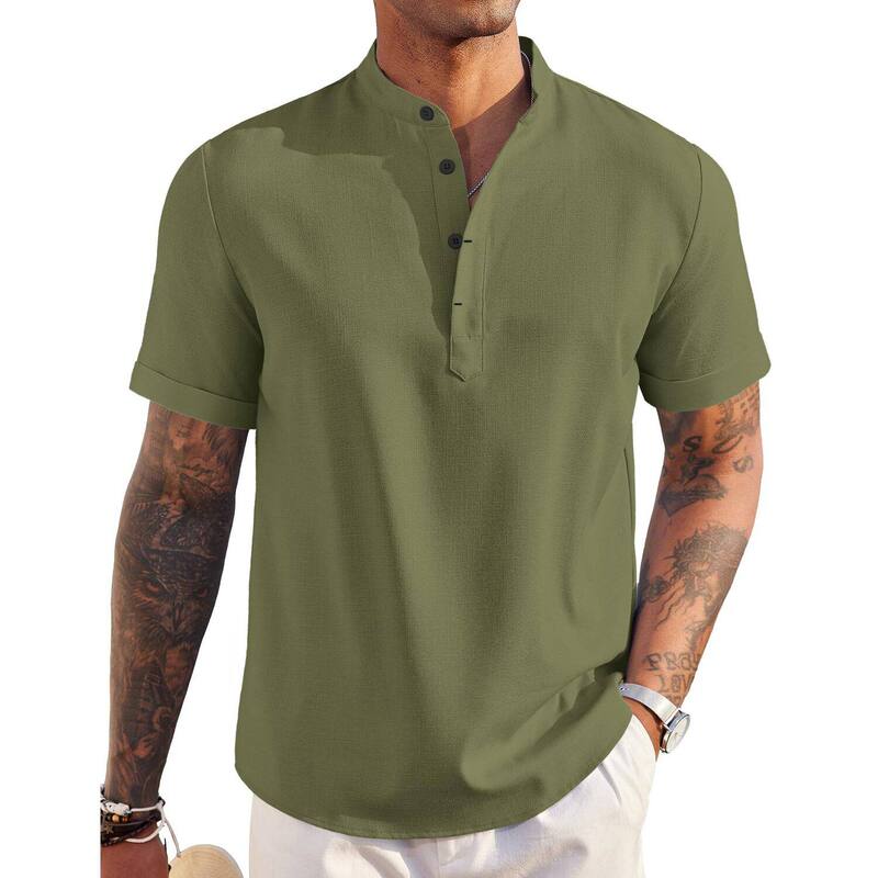クーファンディ メンズ トップス Tシャツ リネン COOFANDY Men' Linen Henley Shirt Short Sleeve Hippie Casual Beach T Shirts Band Collar Summer Army Green グリーン|ReVida 店