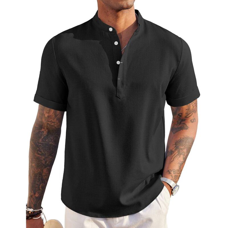 クーファンディ メンズ トップス Tシャツ リネン COOFANDY Men' Linen Henley Shirt Short Sleeve Hippie Casual Beach T Shirts Band Collar Summer Black ブラック｜ReVida 店