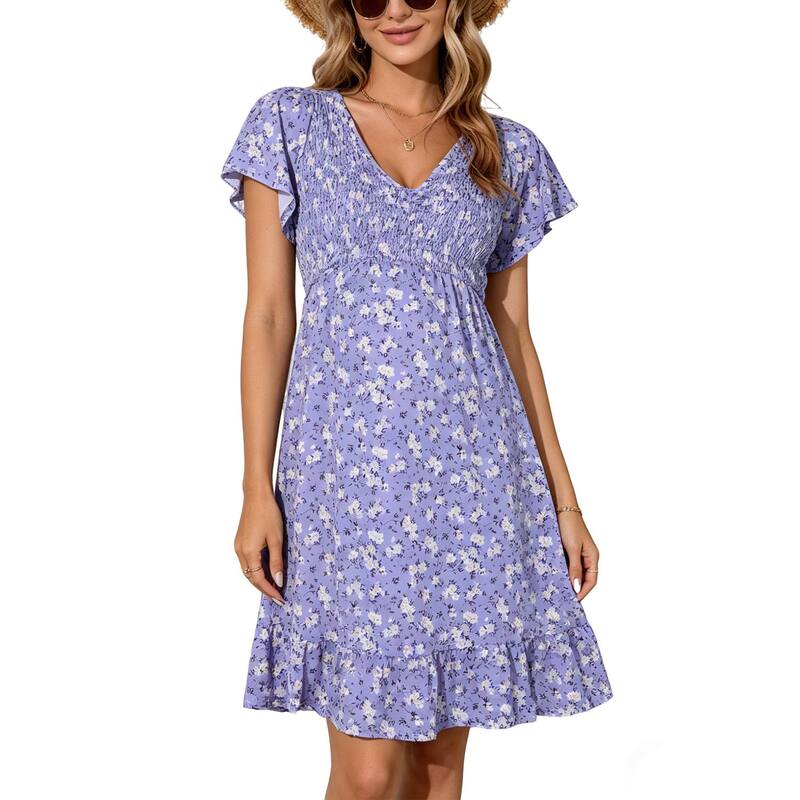 エリートスピリット レディース トップス ワンピース Vネック フラワー柄 フリル ミニ シャーリング フラワー EliteSpirit Women Floral Smocked Flutter Short Sleeve Ruffle Boho Mini Dressummer V Neck Casual Sun Long Dress Purple White Flower ホワイト｜ReVida 店