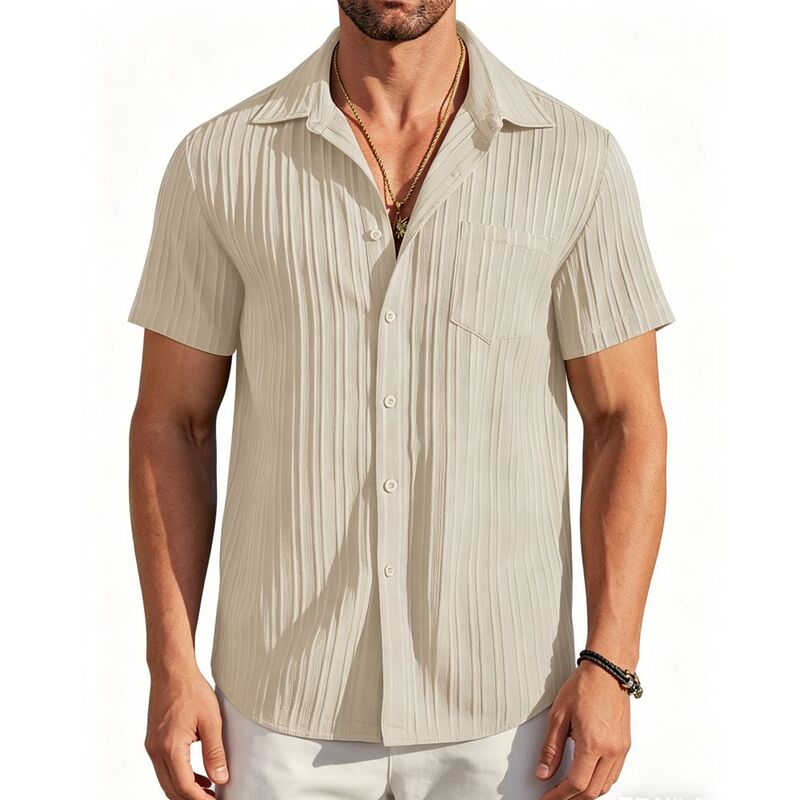 エリートスピリット メンズ トップス Tシャツ ダウン EliteSpirit Men's Casual Textu red Button-Down Shirt Camp Collar Short Sleeve Summer Shirt with Pocket Apricot アプリコット｜ReVida 店