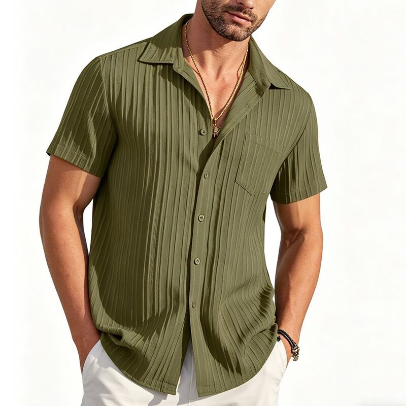 エリートスピリット メンズ トップス Tシャツ ダウン EliteSpirit Men's Casual Textu red Button-Down Shirt Camp Collar Short Sleeve Summer Shirt with Pocket Green グリーン｜ReVida 店