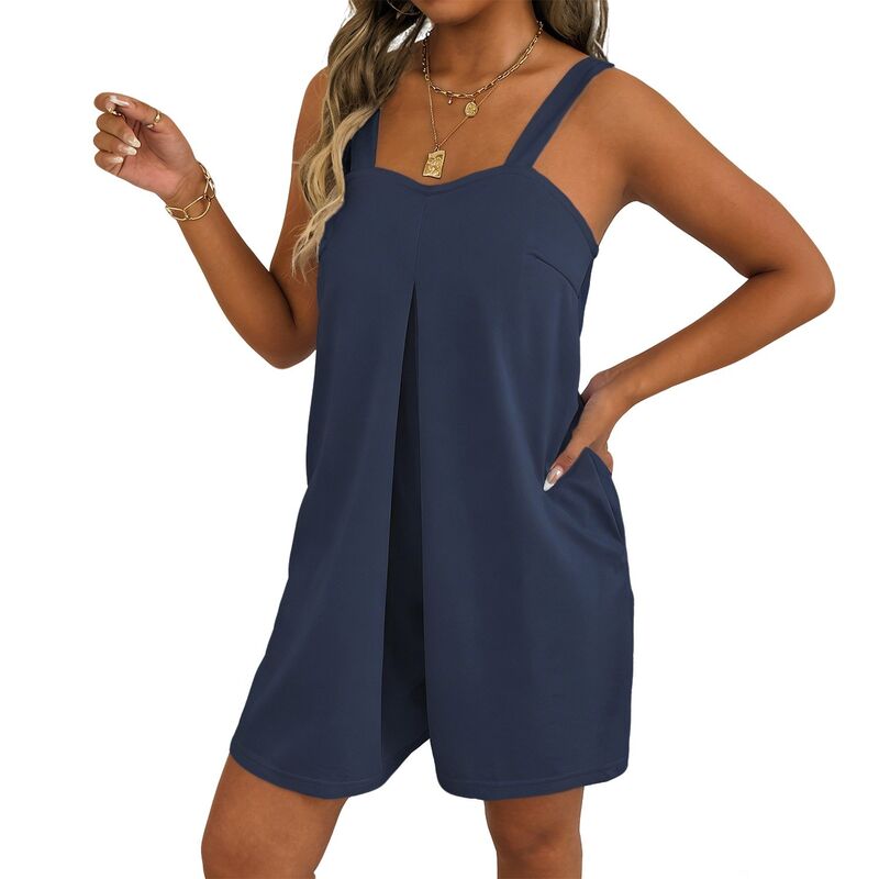 クリアフラワー レディース トップス ワンピース ロンパース ノースリーブ ジャンプスーツ ClearFlower Women's Hot Pink Sleeveless Romper, Wide Strapocketed Casual Jumpsuit for Summer Navy Blue ネイビー｜ReVida 店