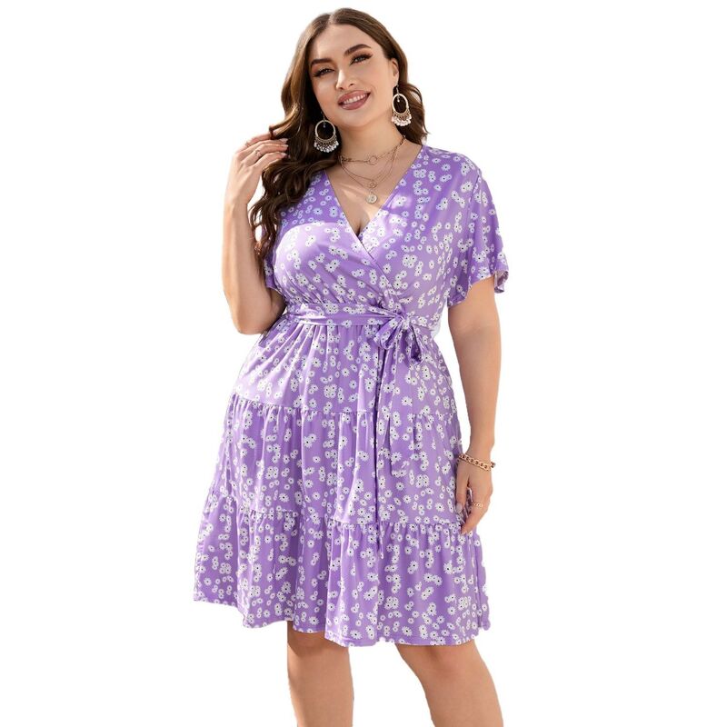コジョイン レディース トップス ワンピース Vネック プラスサイズ ミニ エンパイア Kojooin Women Plusize Dresshort Sleeve V Neck Casual Summer Flowy Summer Mini Dress with Empire Waist Purple パープル｜ReVida 店