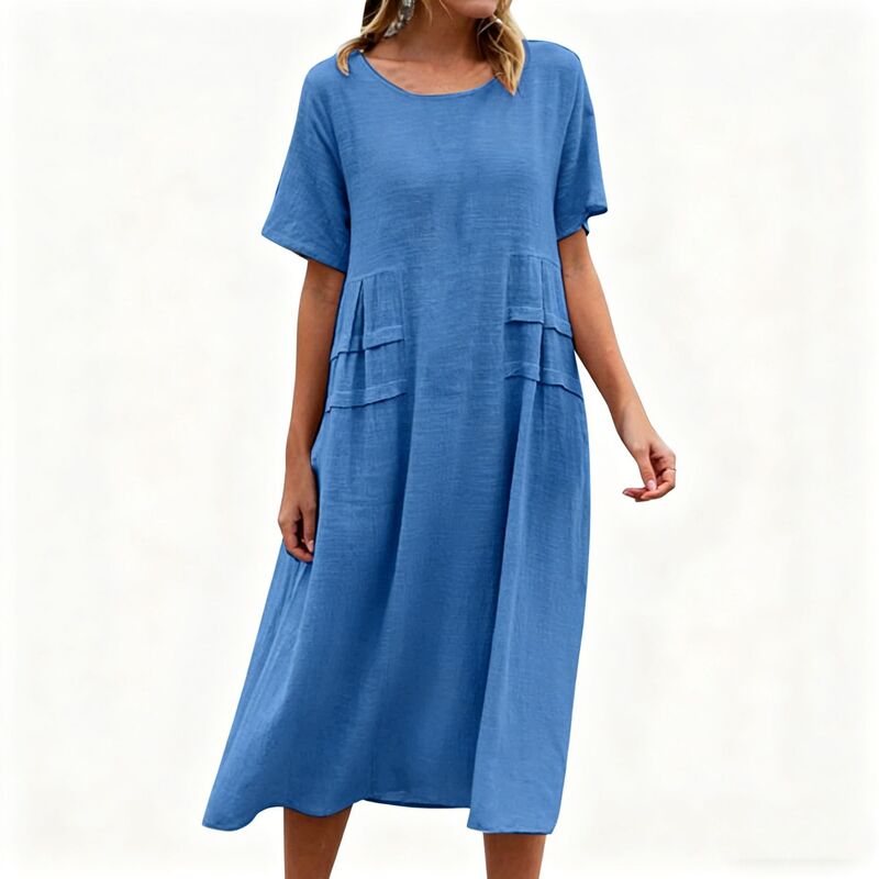 コジョイン レディース トップス ワンピース ミディ コットン Kojooin Women\'s Cotton Blend Casual Midi Dress, Round Neck Short Sleeve Loose Flowy Dress Royal Blue ブルー｜ReVida 店