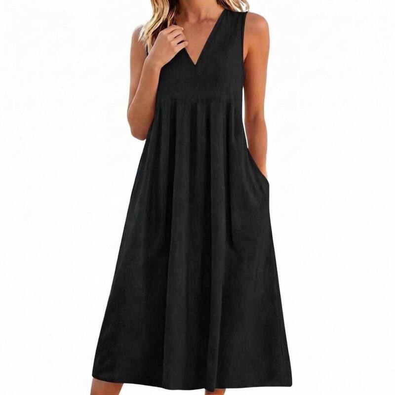 イエスファッション レディース トップス ワンピース Vネック ミディ ノースリーブ コットン Yesfashion Women\'sleeveless V Neck Soft Cotton Midi Dress with Pockets Black ブラック｜ReVida 店