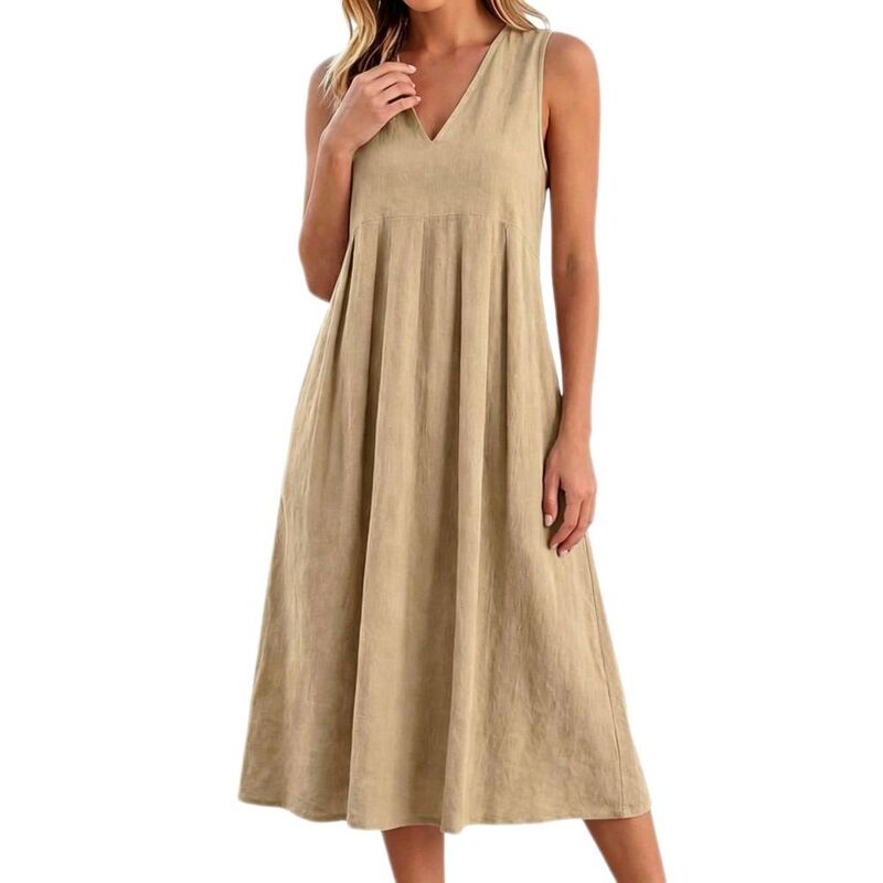 イエスファッション レディース トップス ワンピース Vネック ミディ ノースリーブ コットン Yesfashion Women\'sleeveless V Neck Soft Cotton Midi Dress with Pockets Khaki カーキ｜ReVida 店