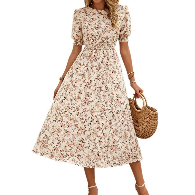 イエスファッション レディース トップス ワンピース フラワー柄 ミディ シャーリング フラワー Yesfashion Women\'s Floral Puff Sleevesmockedress Elegant Causal Midi Dresses Apricot アプリコット｜ReVida 店