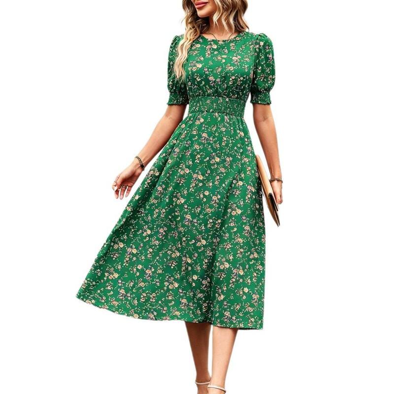 イエスファッション レディース トップス ワンピース フラワー柄 ミディ シャーリング フラワー Yesfashion Women\'s Floral Puff Sleevesmockedress Elegant Causal Midi Dresses Green グリーン｜ReVida 店