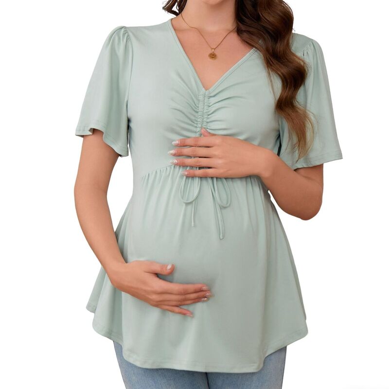 クリアフラワー レディース トップス シャツ Vネック マタニティ ClearFlower Maternity Tie-Front V-Neck Top Summer Short Sleeve Casual Pregnancy T-Shirt Green グリーン｜ReVida 店