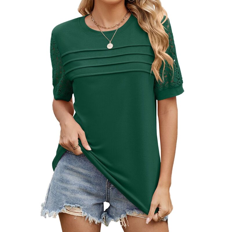 クリアフラワー レディース トップス シャツ ClearFlower Women's Loose Fit Shirt Summer Casual Round Neck Hollow Out Short Sleeve Top Dark Green グリーン|ReVida 店