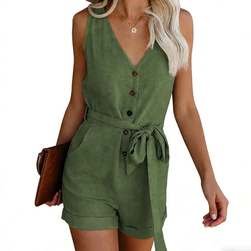 クリアフラワー レディース トップス ワンピース Vネック ロンパース ノースリーブ ジャンプスーツ ClearFlower Women\'sleeveless V Neck Romper Summer Casual Belted Waist Button Front Short Jumpsuit Army Green グリーン｜ReVida 店
