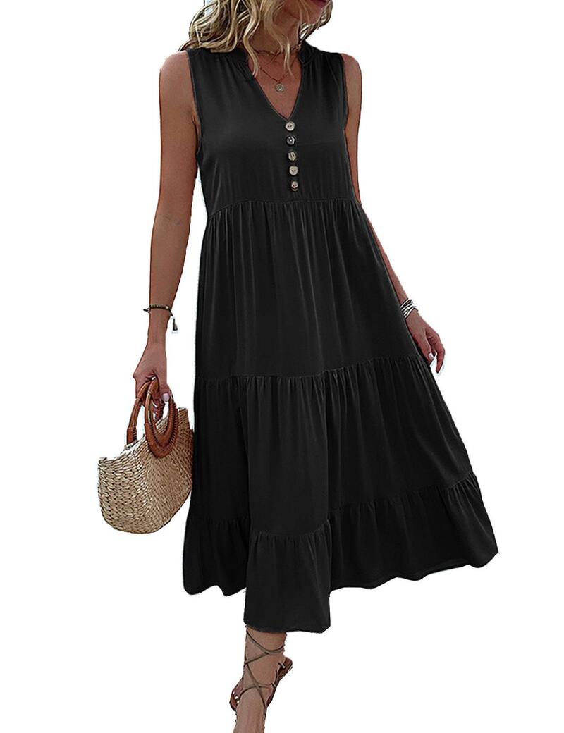 エリートチョイス レディース トップス ワンピース Vネック ミディ ノースリーブ シャーリング Elitechoice Women Dressleeveless V Neck Button Summer Midi Dress Casual Smocked Flowy Dresses Black ブラック｜ReVida 店