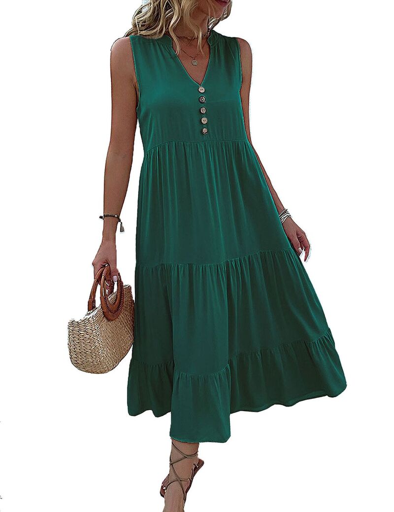 エリートチョイス レディース トップス ワンピース Vネック ミディ ノースリーブ シャーリング Elitechoice Women Dressleeveless V Neck Button Summer Midi Dress Casual Smocked Flowy Dresses Green グリーン｜ReVida 店