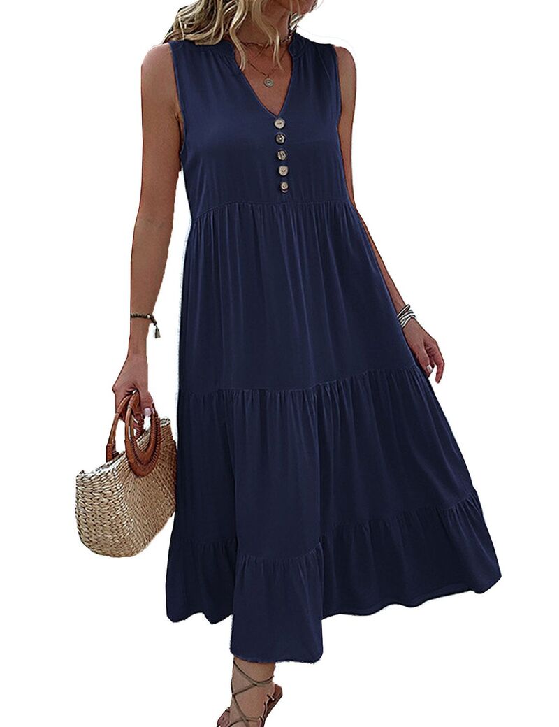 エリートチョイス レディース トップス ワンピース Vネック ミディ ノースリーブ シャーリング Elitechoice Women Dressleeveless V Neck Button Summer Midi Dress Casual Smocked Flowy Dresses Navy Blue ネイビー｜ReVida 店