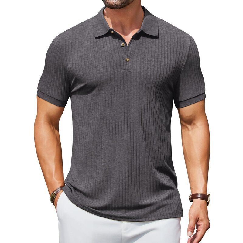 クーファンディ メンズ トップス Tシャツ スリムフィット ポロシャツ リブ COOFANDY Men's Ribbed Polo Shirtshort Sleeve Casual Slim Fit Golf Shirt Polo T-Shirts Charcoal Grey チャコール｜ReVida 店