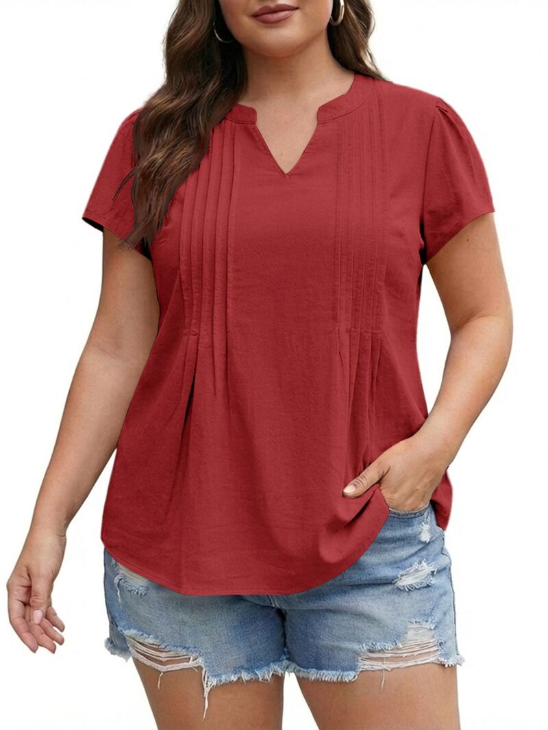 マキシスマーチ レディース トップス Tシャツ Vネック プラスサイズ プリーツ コットン Maxxis Merch Woman Plusize Cotton Shirt Summer V-Neck Top Flutter Sleeve Tee Pleated Gather(Pick One Size Up) Red レッド｜ReVida 店
