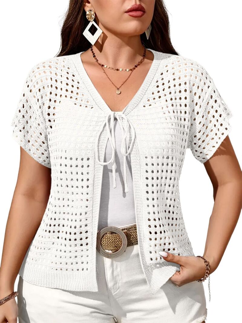エリートチョイス レディース アウター ニット・セーター プラスサイズ カーディガン Elitechoice Women's Plusize Crochet Cardigan Short Sleeve Tie Front Open Knit Cover Up for Summer Beach White ホワイト｜ReVida 店