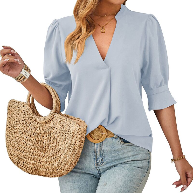 ファンジュライ レディース トップス シャツ Vネック ブラウス FUNJULY Women's Pure V-Neck Short Sleeve Blouse Soft Breathable Top Sky Blue ブルー｜ReVida 店