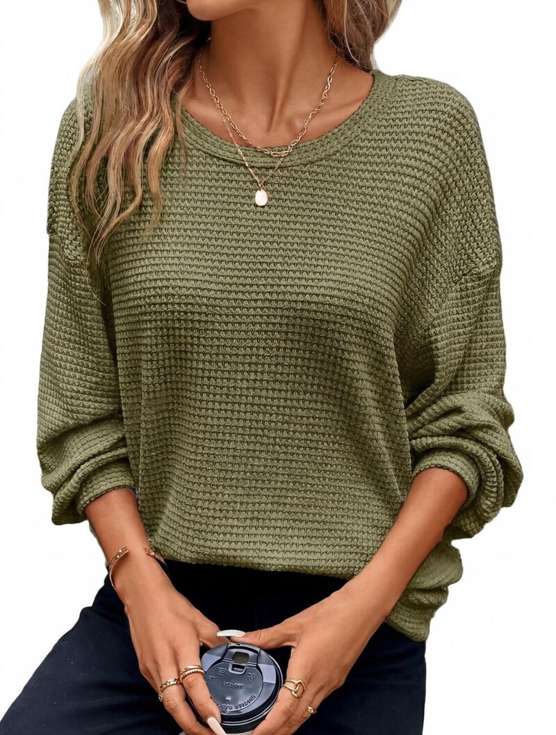 ファンジュライ レディース トップス Tシャツ クルーネック スウェット ニット FUNJULY Women's Waffle Knitop Crew Neck Long Sleeve Sweatshirt Oversized Streetwearmy Green グリーン｜ReVida 店