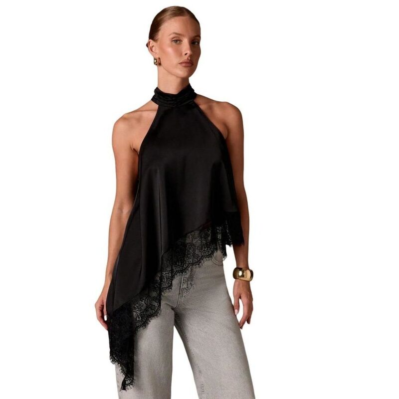 イエスファッション レディース トップス シャツ モックネック アシンメトリー レーストリム サテン ノースリーブ レース ホルター Yesfashion Womensatin Halter Mock Neck Sleeveless Tank Tops with Asymmetricalace Trim Black ブラック｜ReVida 店